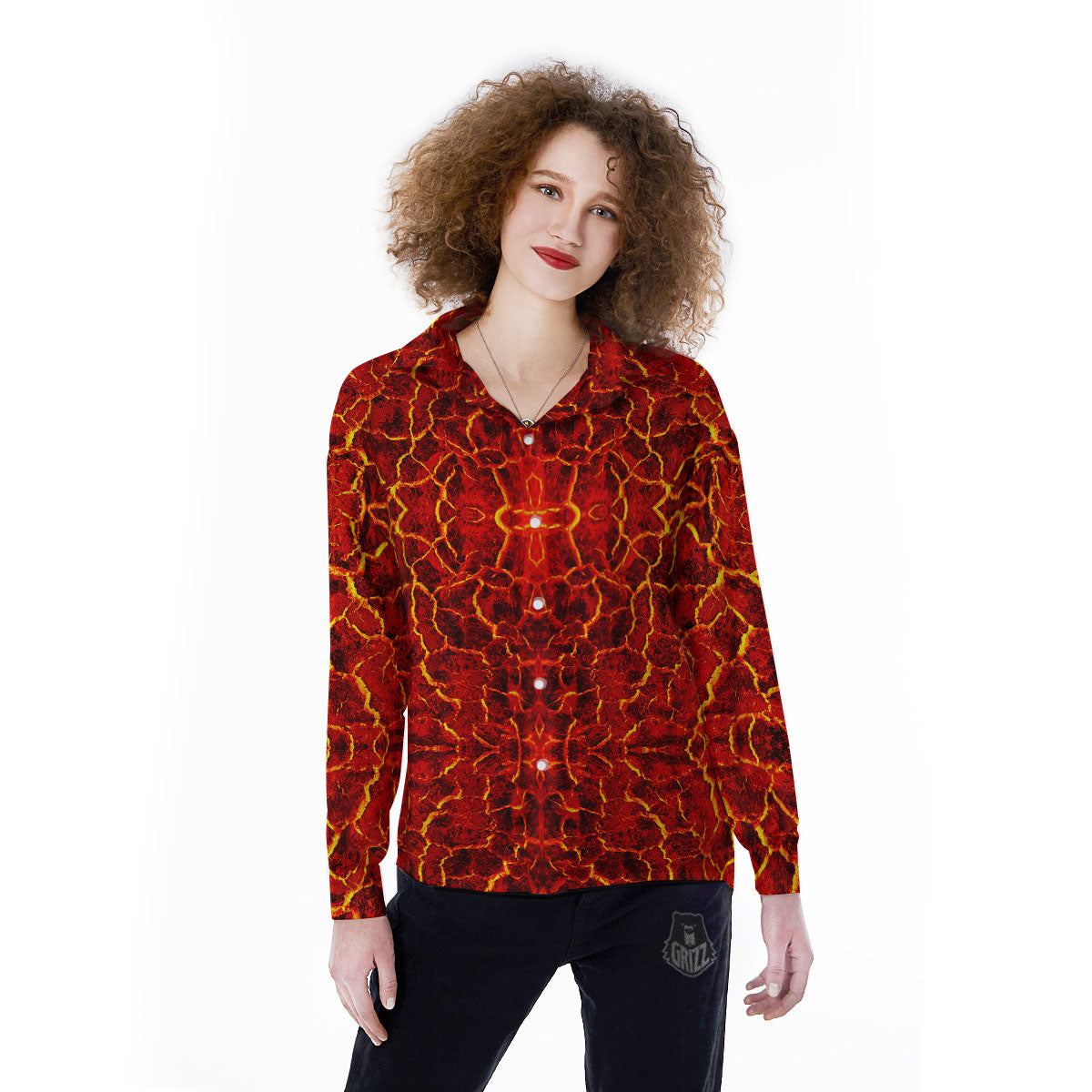 Lava Red Print Pattern Women's Long Sleeve Shirts-grizzshop