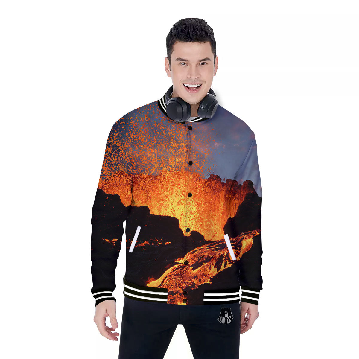 Lava Volcano Print Baseball Jacket-grizzshop