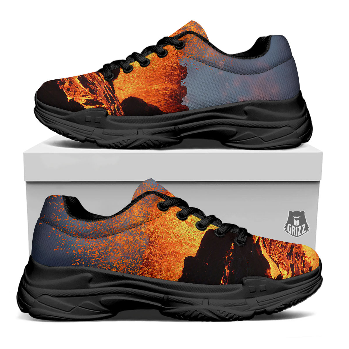 Lava Volcano Print Black Chunky Shoes-grizzshop