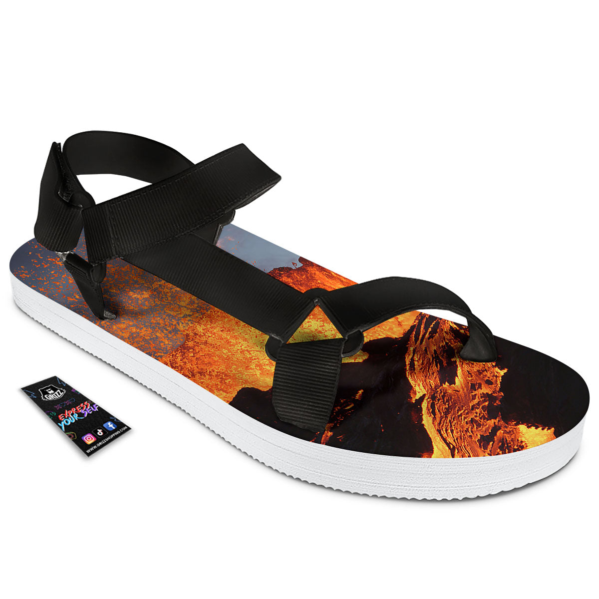 Lava Volcano Print Black Open Toe Sandals-grizzshop