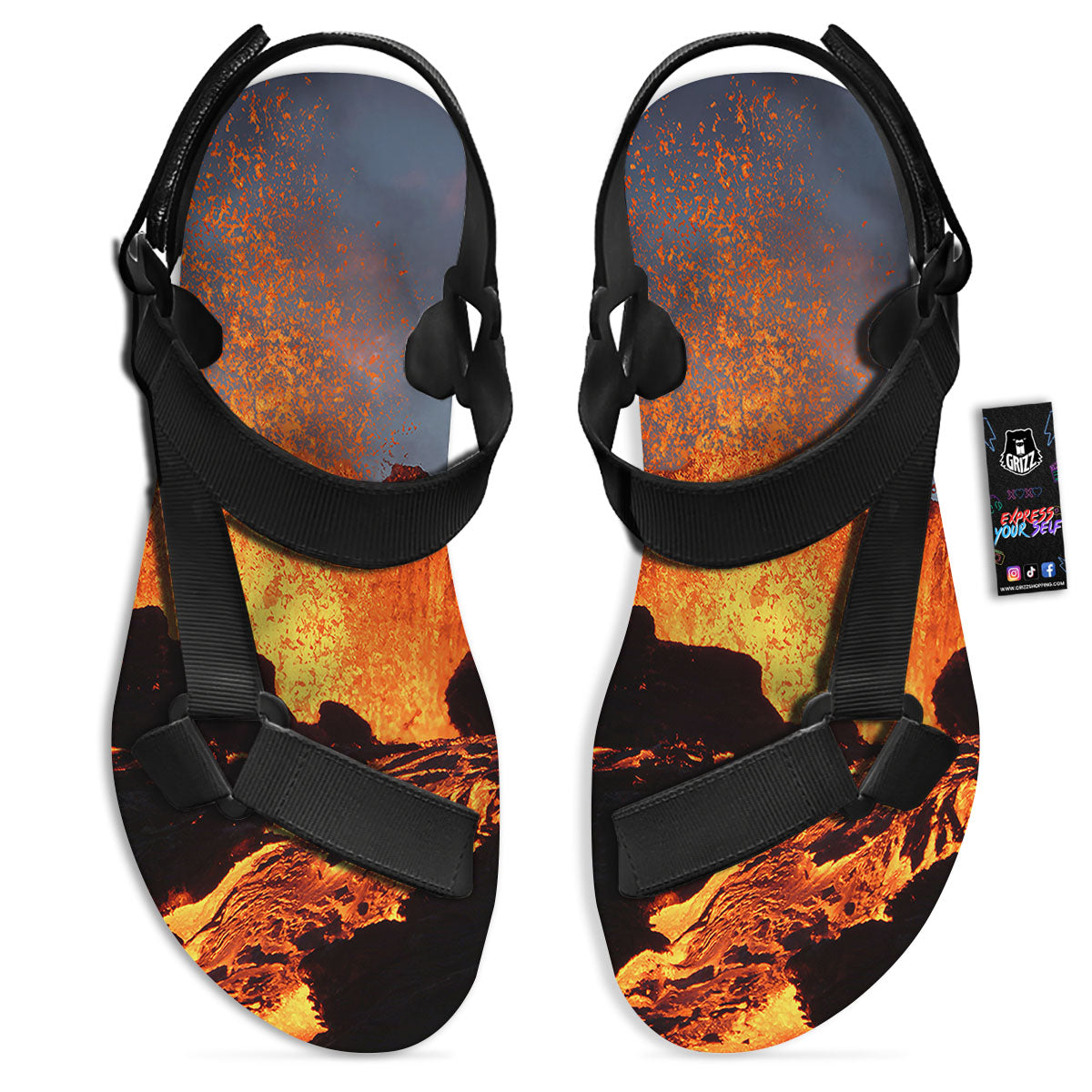 Lava Volcano Print Black Open Toe Sandals-grizzshop
