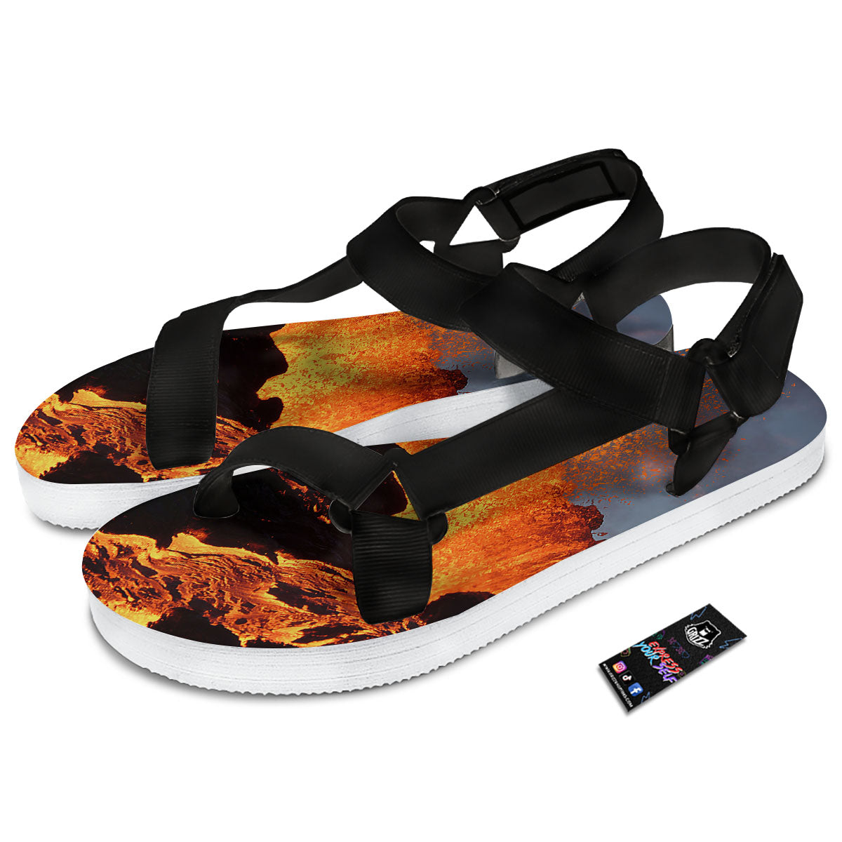Lava Volcano Print Black Open Toe Sandals-grizzshop