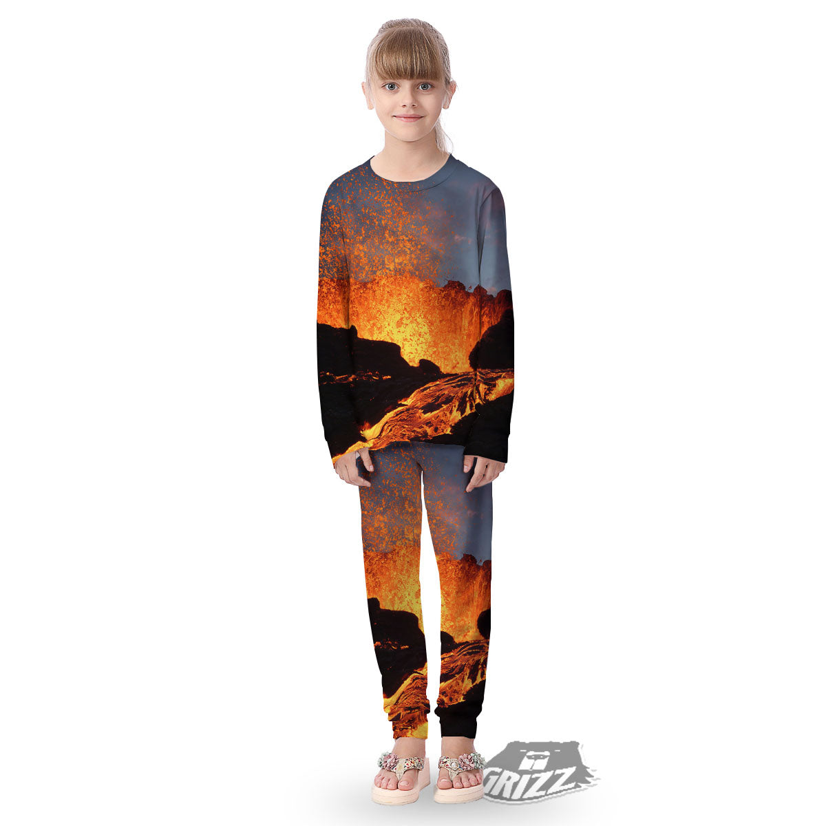 Lava Volcano Print Kid's Pajamas-grizzshop