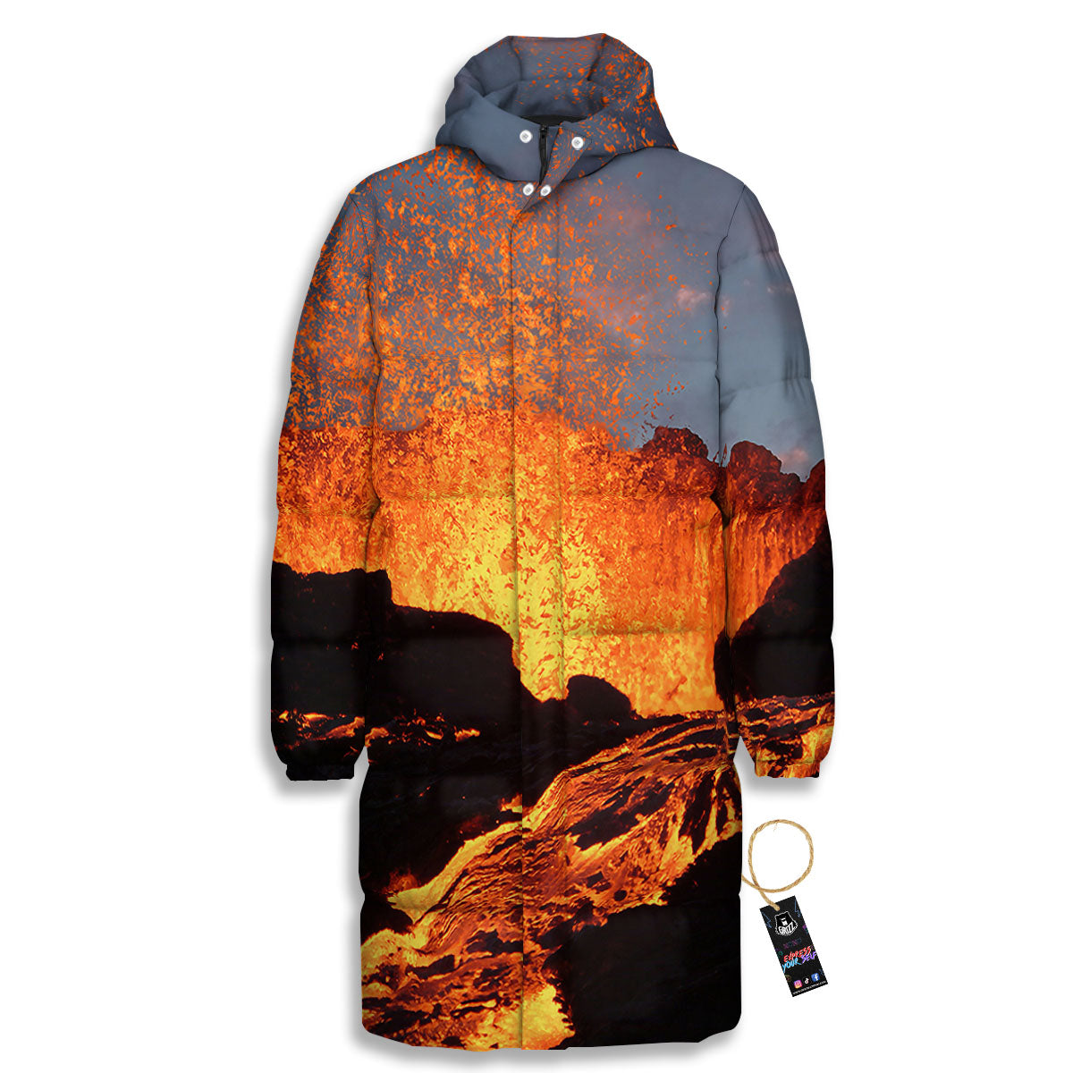 Lava Volcano Print Long Down Jacket-grizzshop