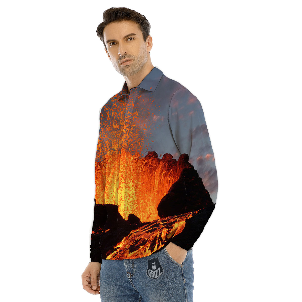 Lava Volcano Print Men's Dress Shirts-grizzshop