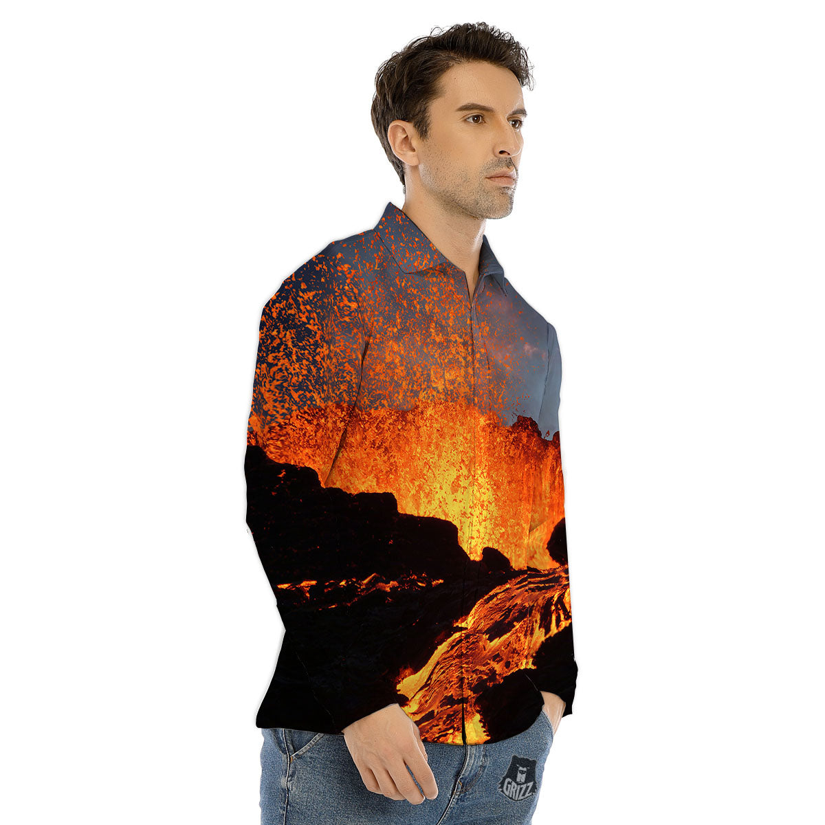 Lava Volcano Print Men's Dress Shirts-grizzshop