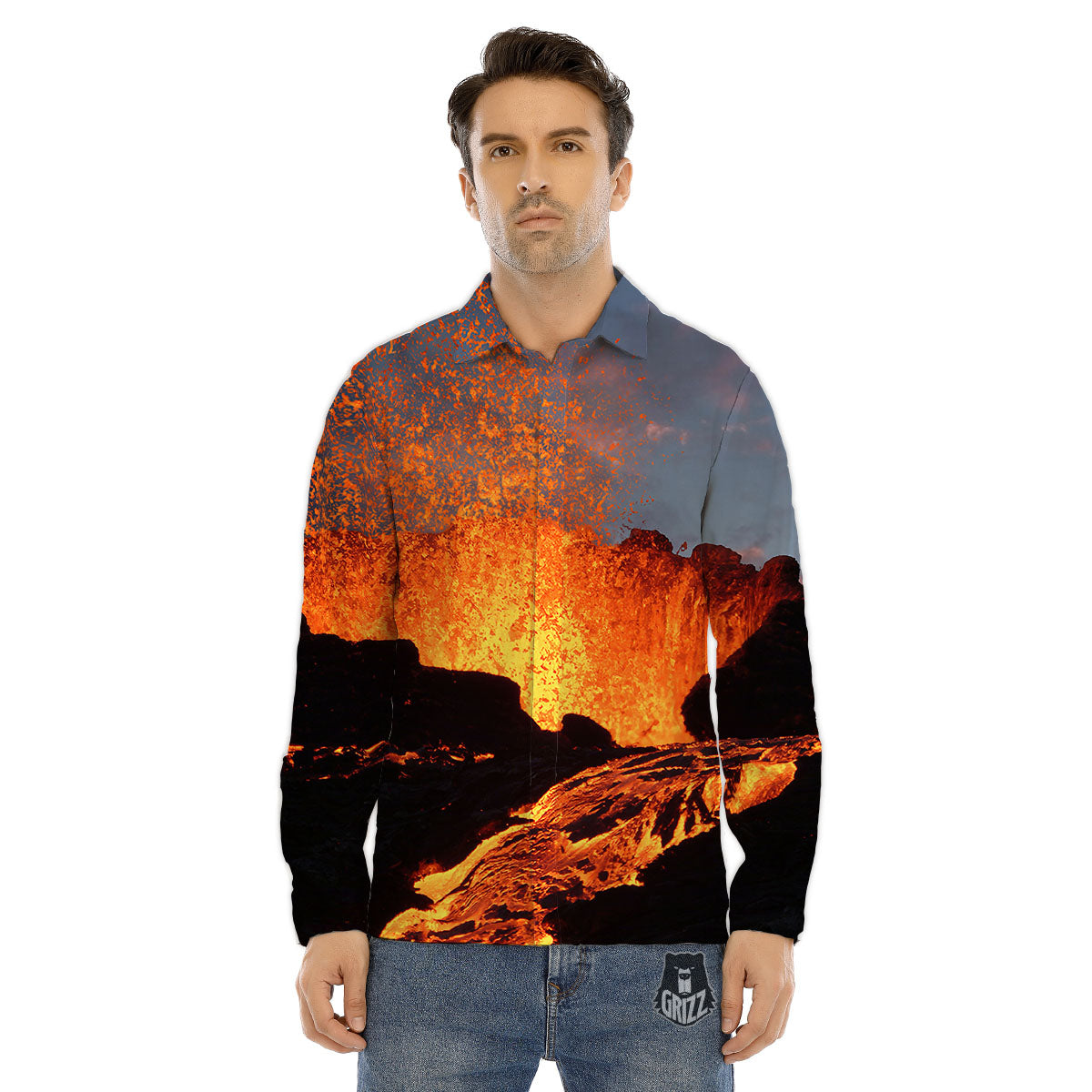 Lava Volcano Print Men's Dress Shirts-grizzshop