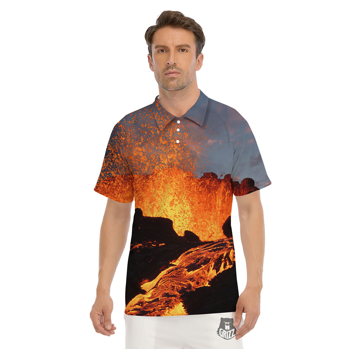 Lava Volcano Print Men's Golf Shirts-grizzshop