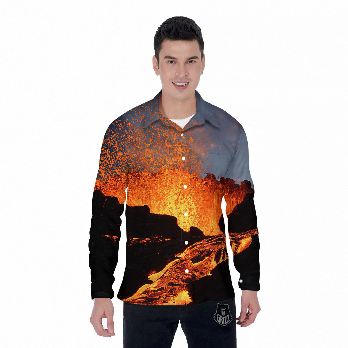Lava Volcano Print Men's Long Sleeve Shirts-grizzshop
