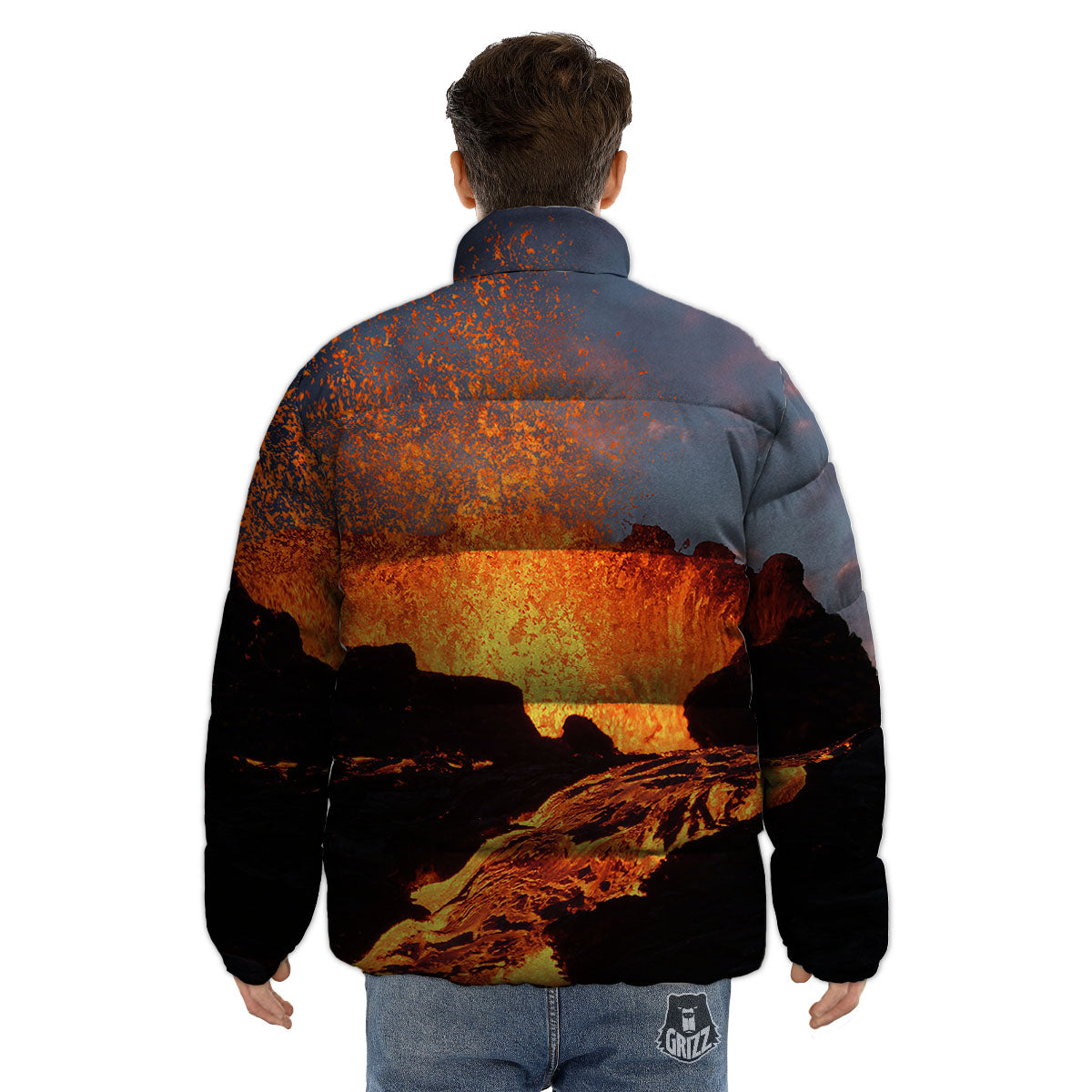 Lava Volcano Print Puffer Jacket-grizzshop