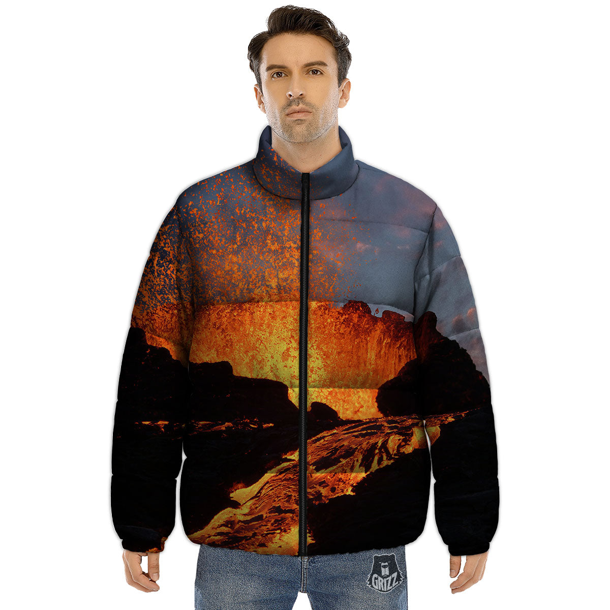 Lava Volcano Print Puffer Jacket-grizzshop