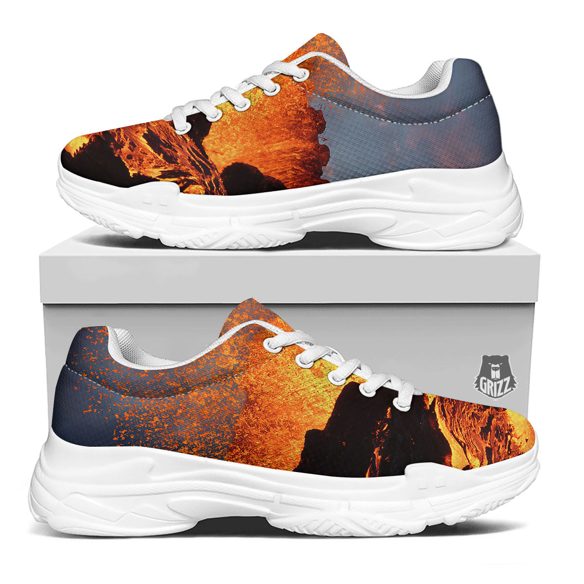 Lava Volcano Print White Chunky Shoes-grizzshop