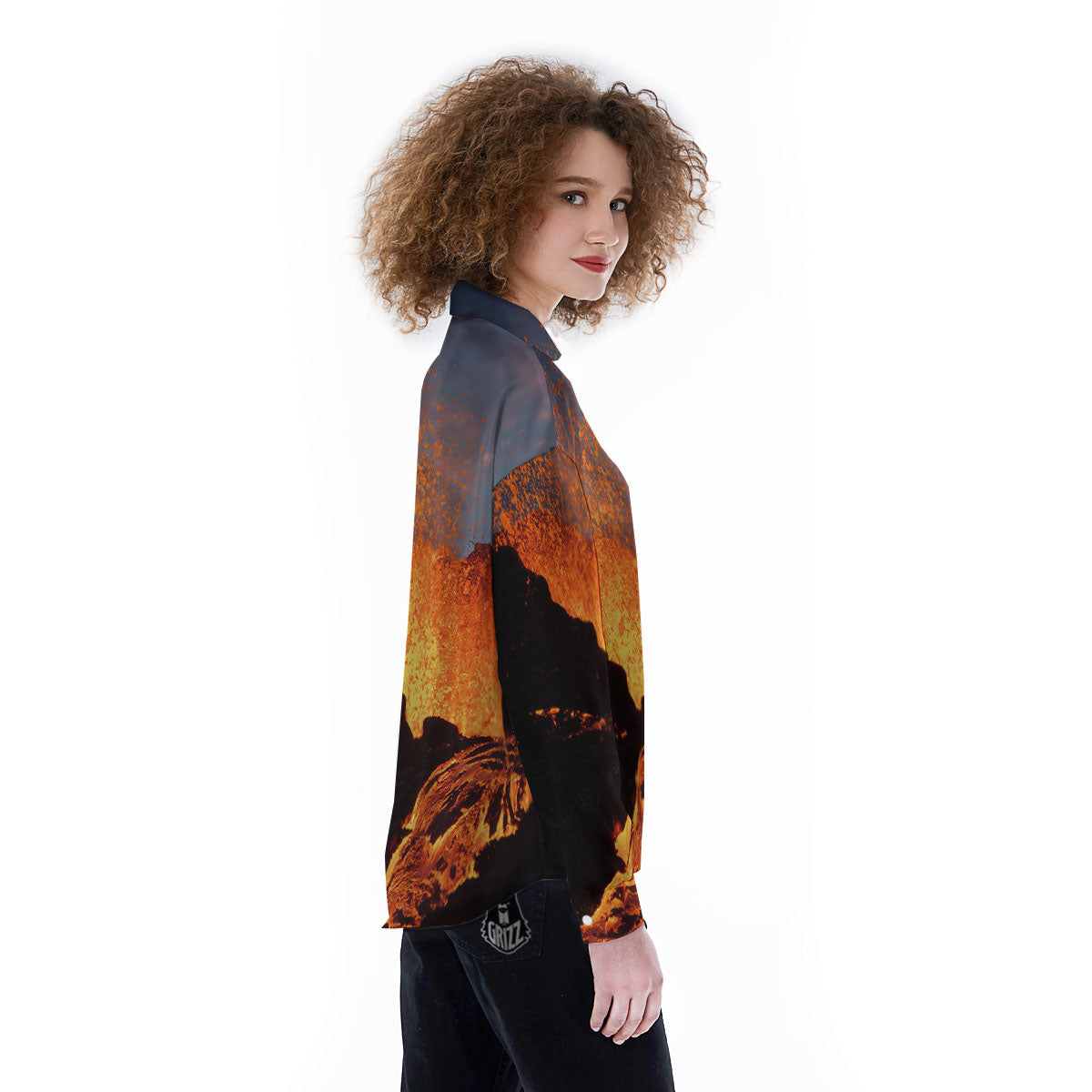 Lava Volcano Print Women's Long Sleeve Shirts-grizzshop
