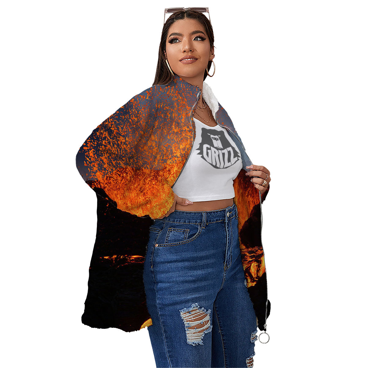 Lava Volcano Print Women's Sherpa Jacket-grizzshop