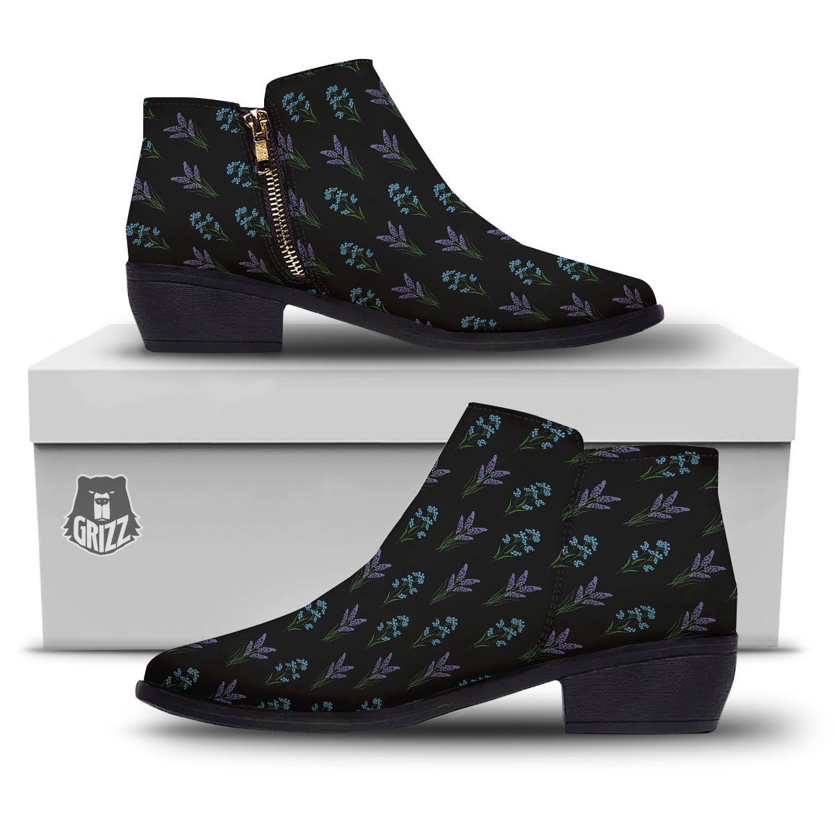 Lavender Embroidery Print Pattern Ankle Boots-grizzshop