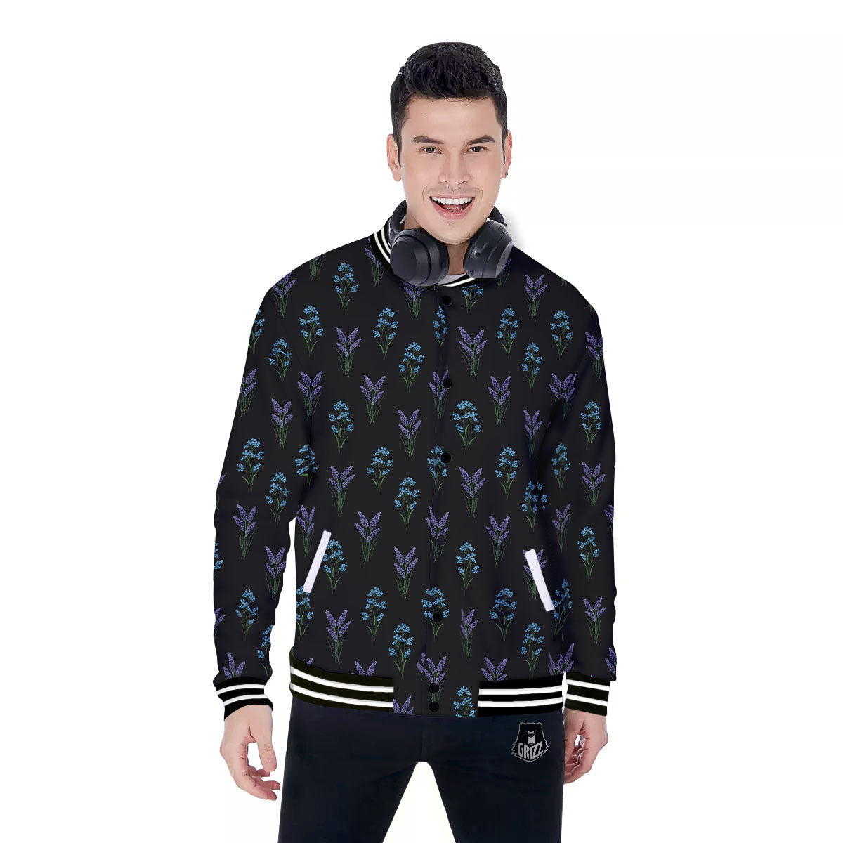 Lavender Embroidery Print Pattern Baseball Jacket-grizzshop
