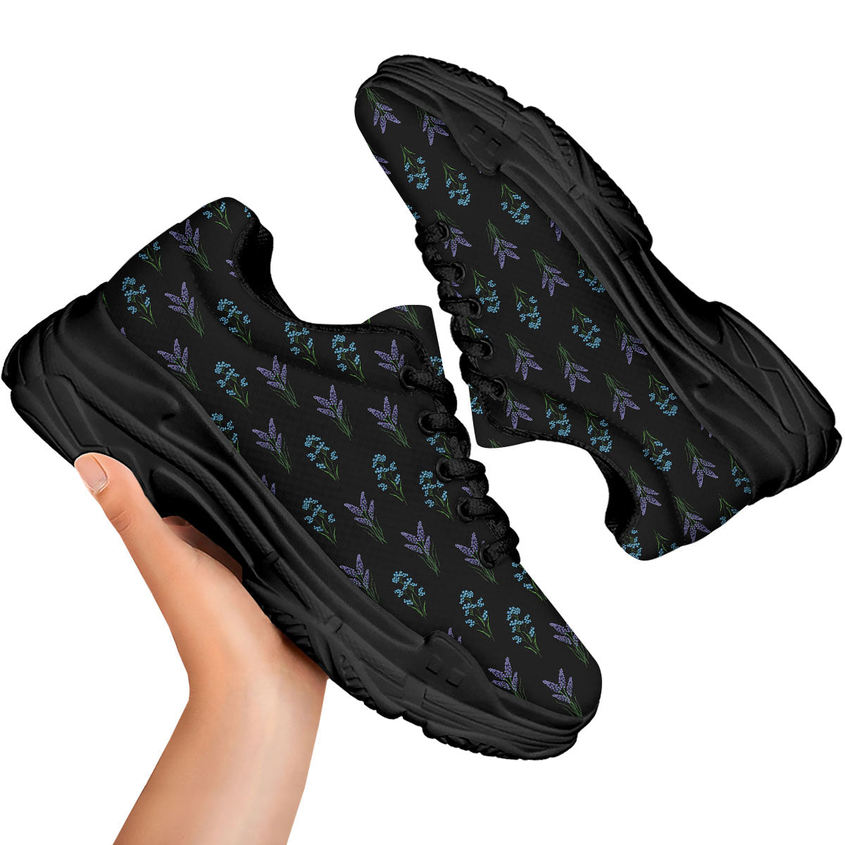 Lavender Embroidery Print Pattern Black Chunky Shoes-grizzshop