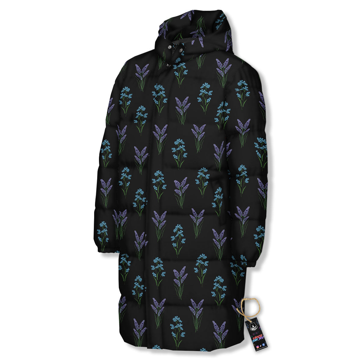 Lavender Embroidery Print Pattern Long Down Jacket-grizzshop