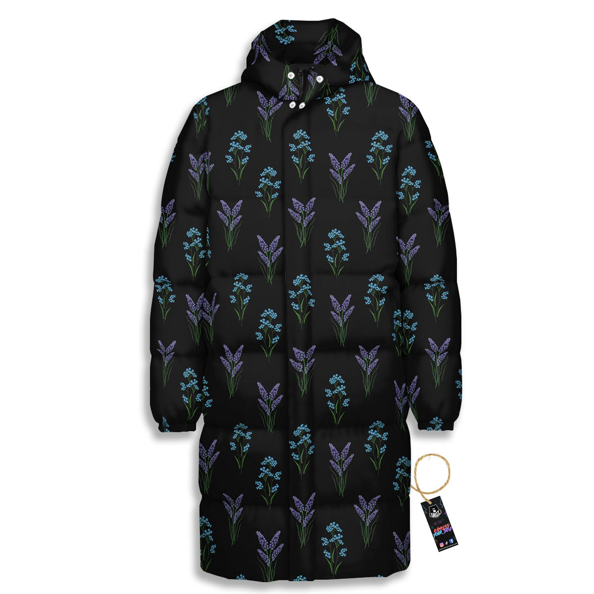 Lavender Embroidery Print Pattern Long Down Jacket-grizzshop