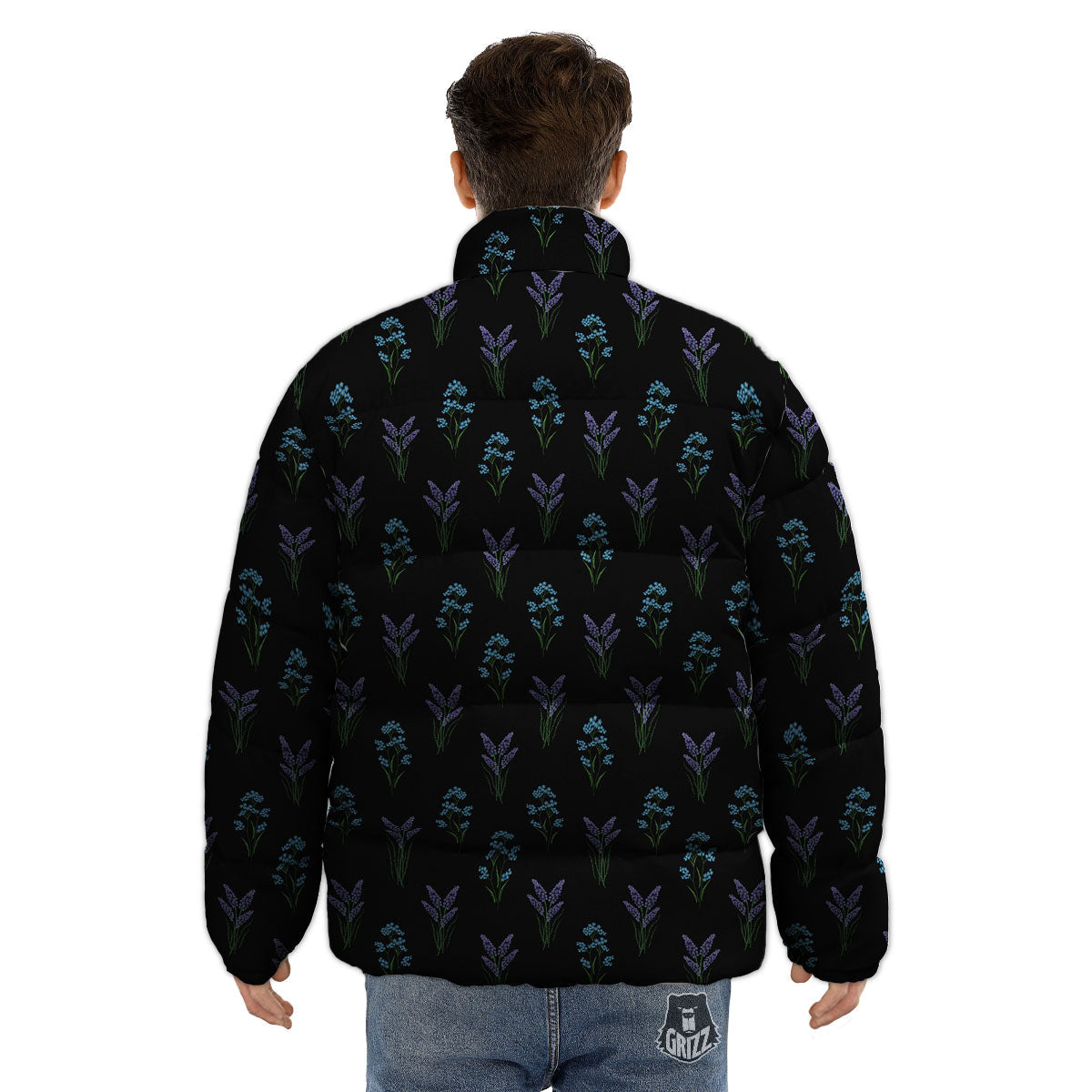 Lavender Embroidery Print Pattern Puffer Jacket-grizzshop