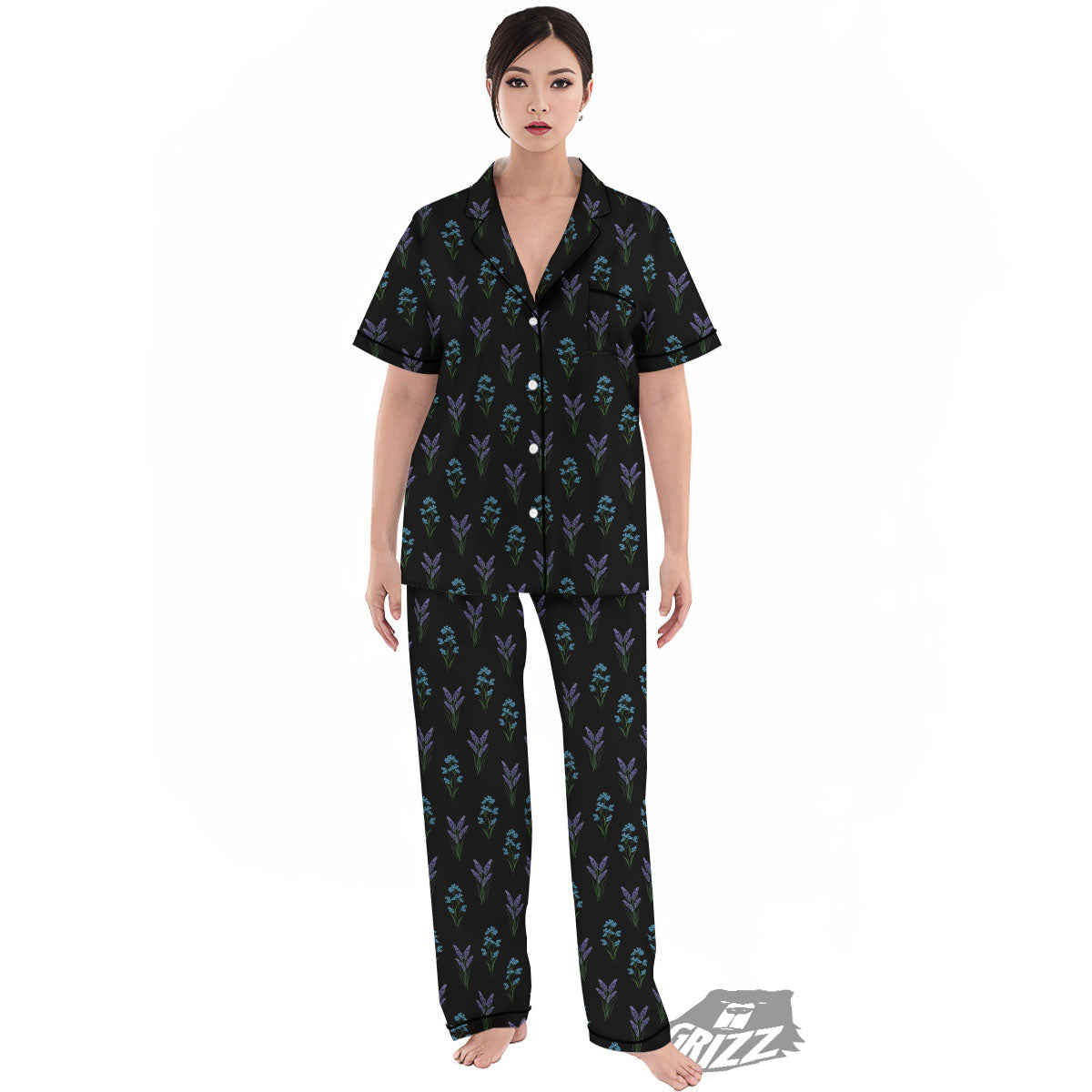 Lavender Embroidery Print Pattern Women's Pajamas Set-grizzshop
