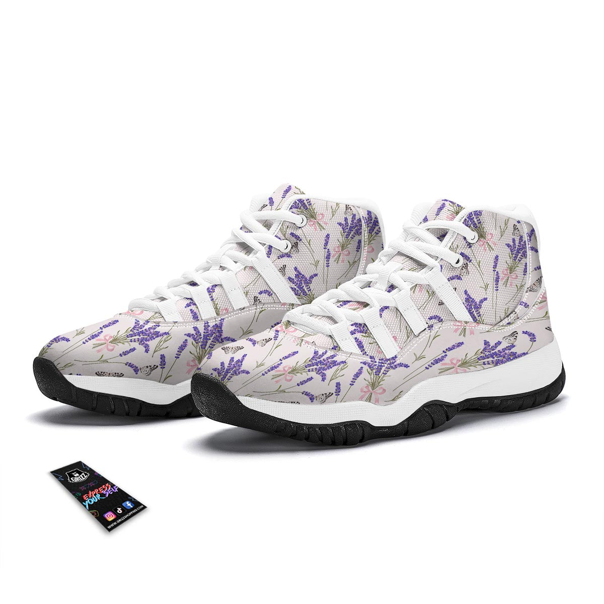Lavender Floral Print Pattern White Bball Shoes-grizzshop