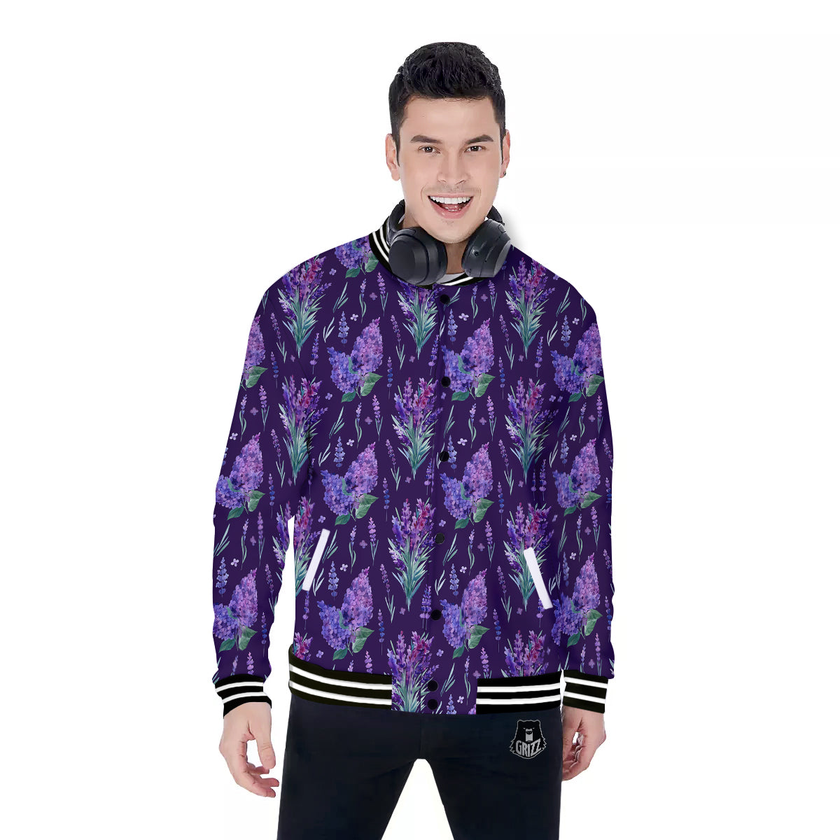 Lavender Watercolor Print Pattern Baseball Jacket-grizzshop