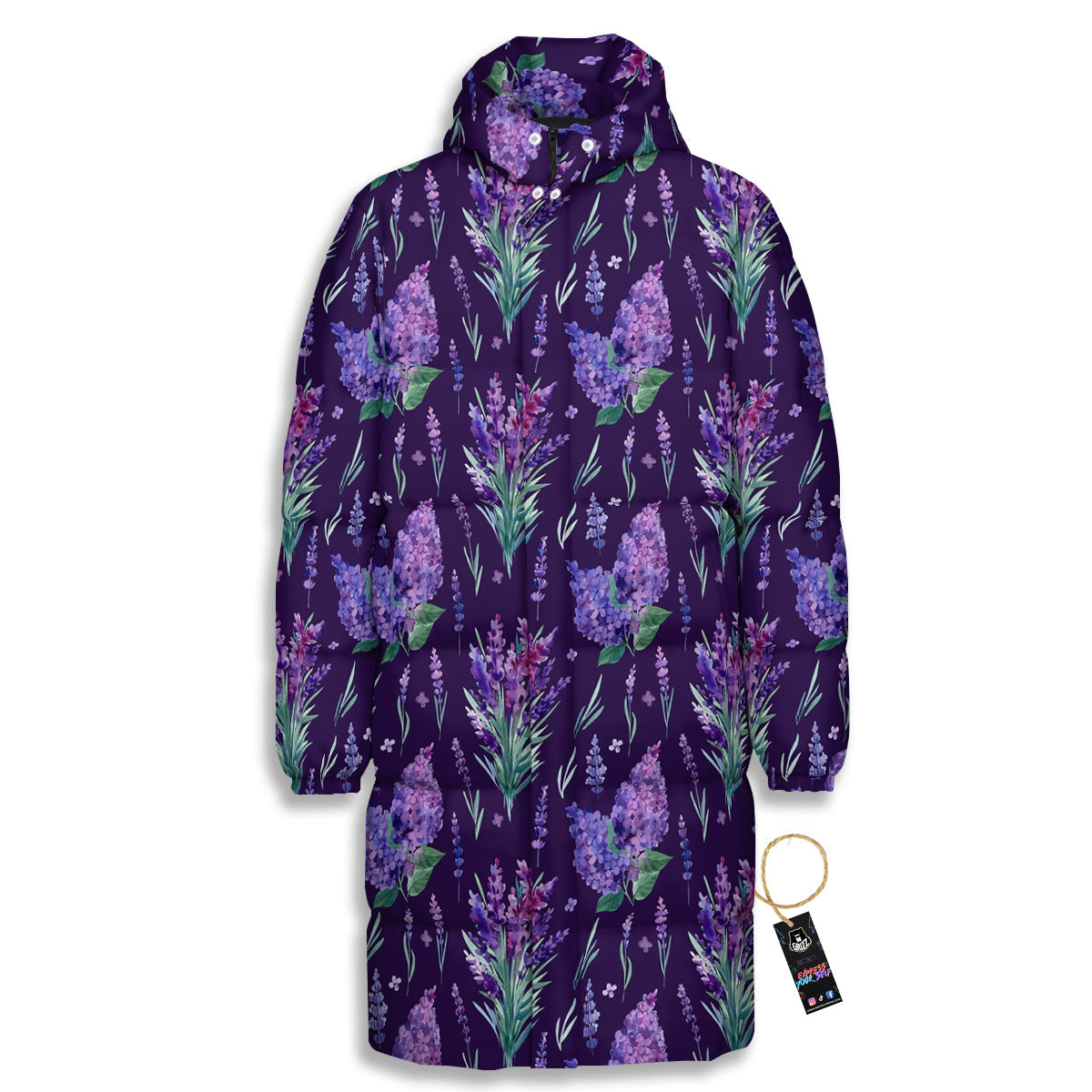 Lavender Watercolor Print Pattern Long Down Jacket-grizzshop