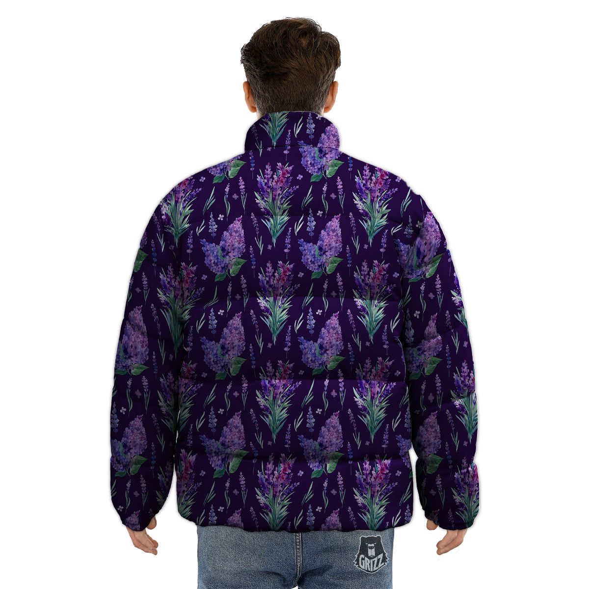 Lavender Watercolor Print Pattern Puffer Jacket-grizzshop