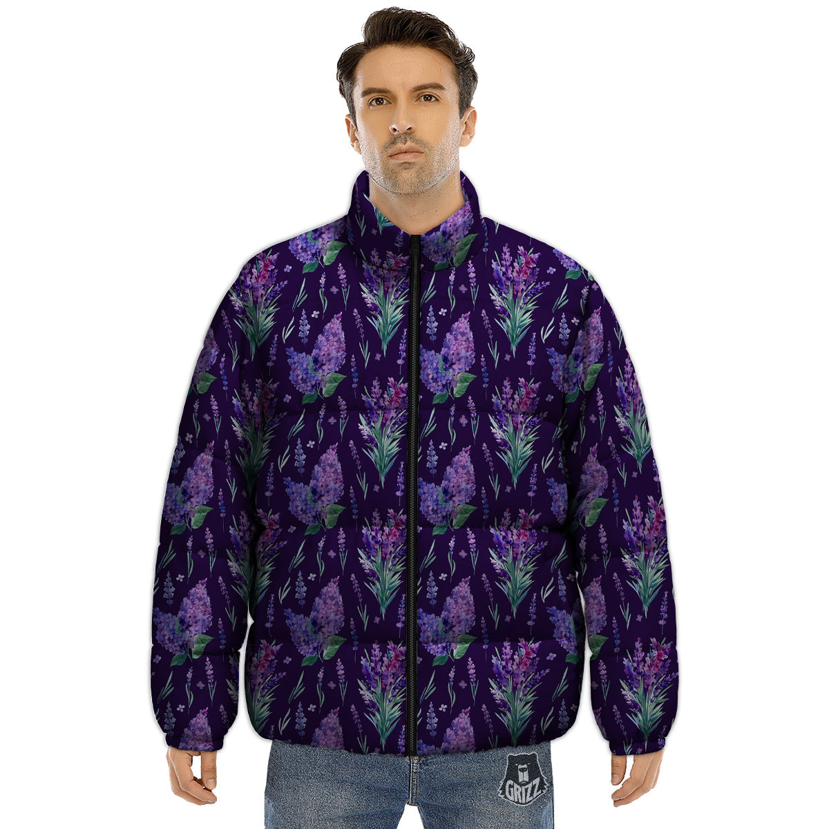 Lavender Watercolor Print Pattern Puffer Jacket-grizzshop