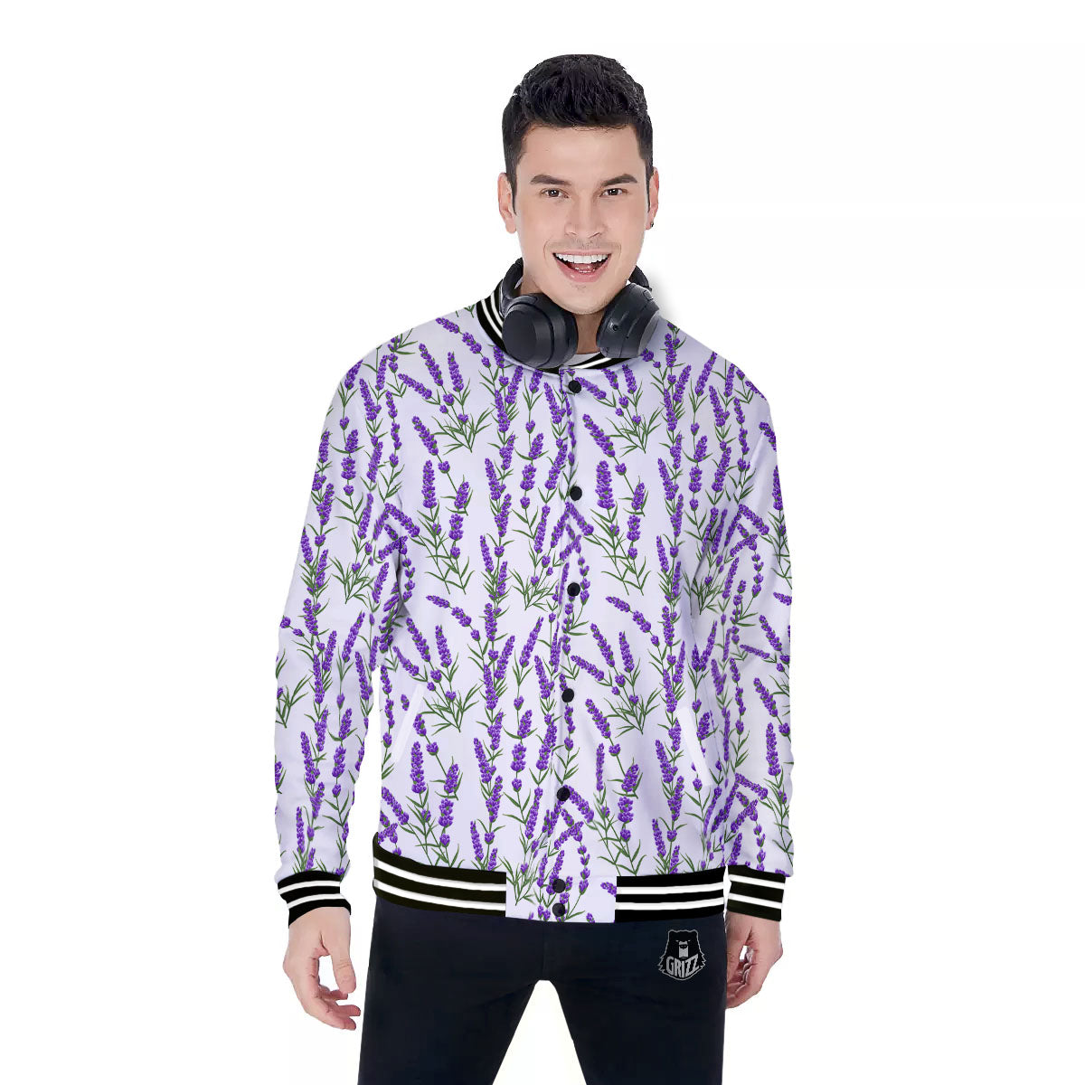 Lavender White And Purple Print Pattern Baseball Jacket-grizzshop