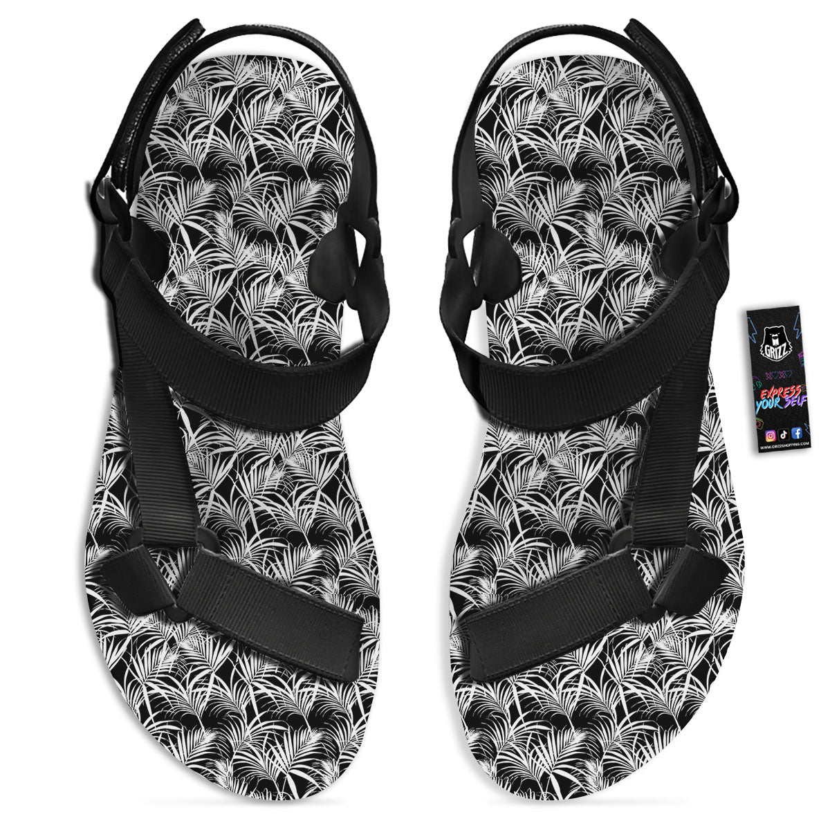 Leaf Aloha Black Palm Print Pattern Black Open Toe Sandals-grizzshop