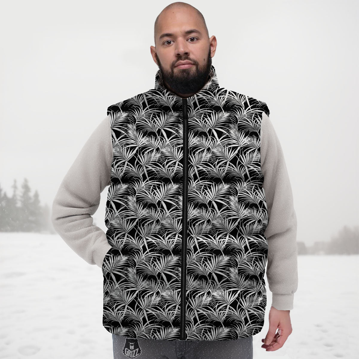 Leaf Aloha Black Palm Print Pattern Down Vest