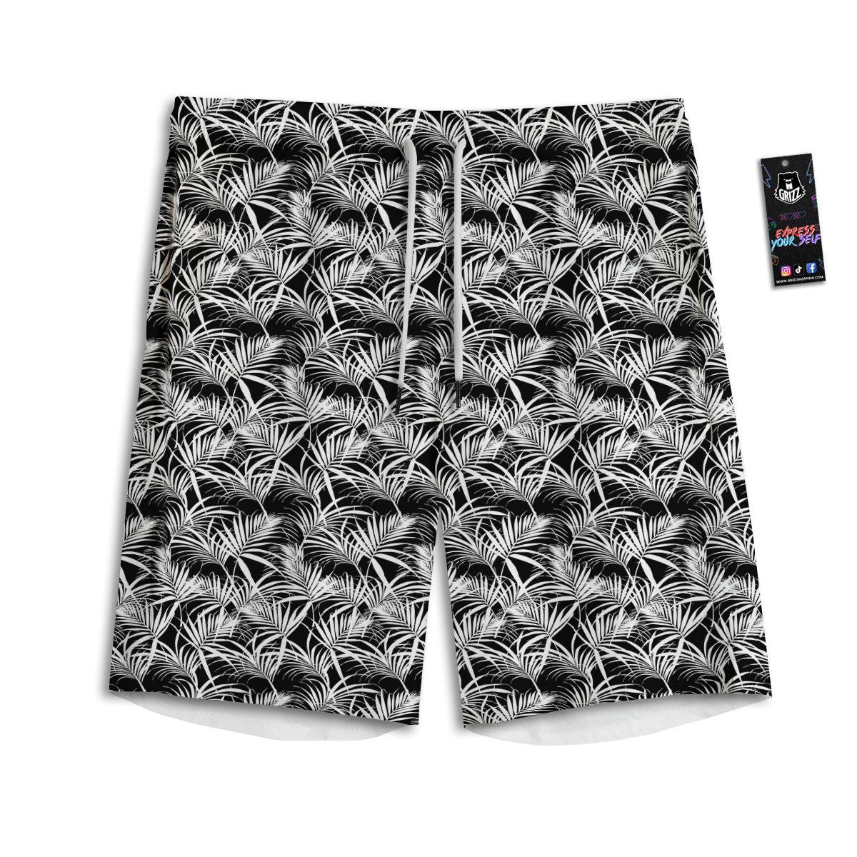 Leaf Aloha Black Palm Print Pattern Men's Athletic Shorts