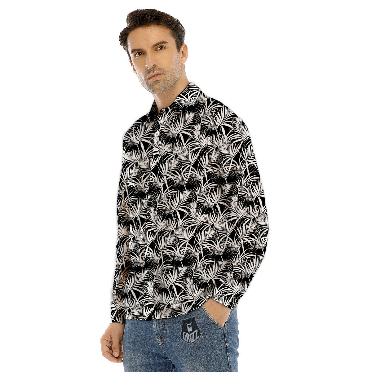 Leaf Aloha Black Palm Print Pattern Men's Dress Shirts-grizzshop