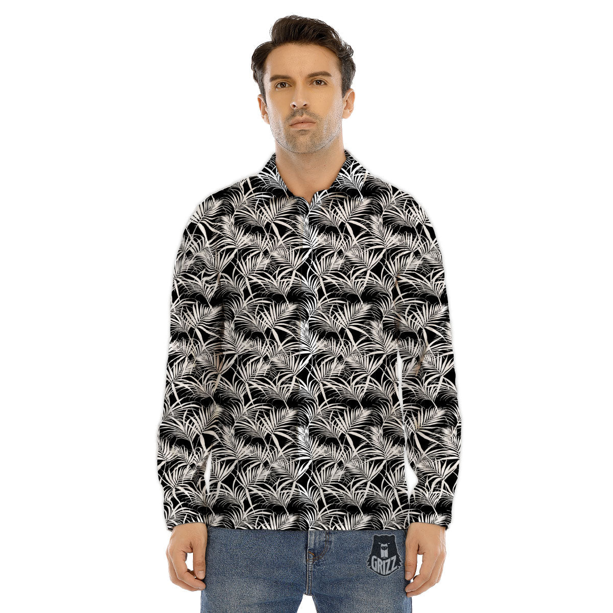 Leaf Aloha Black Palm Print Pattern Men's Dress Shirts-grizzshop