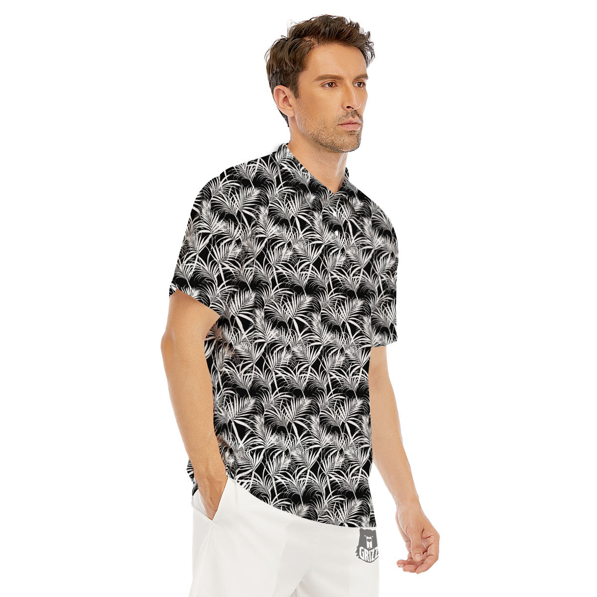 Leaf Aloha Black Palm Print Pattern Men's Golf Shirts-grizzshop