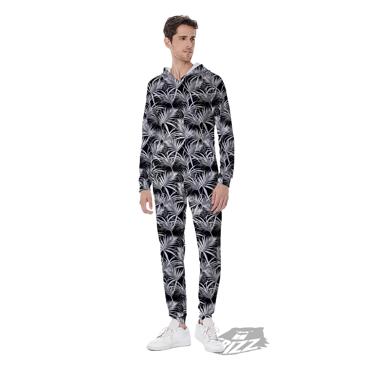 Leaf Aloha Black Palm Print Pattern Men's Jumpsuit-grizzshop