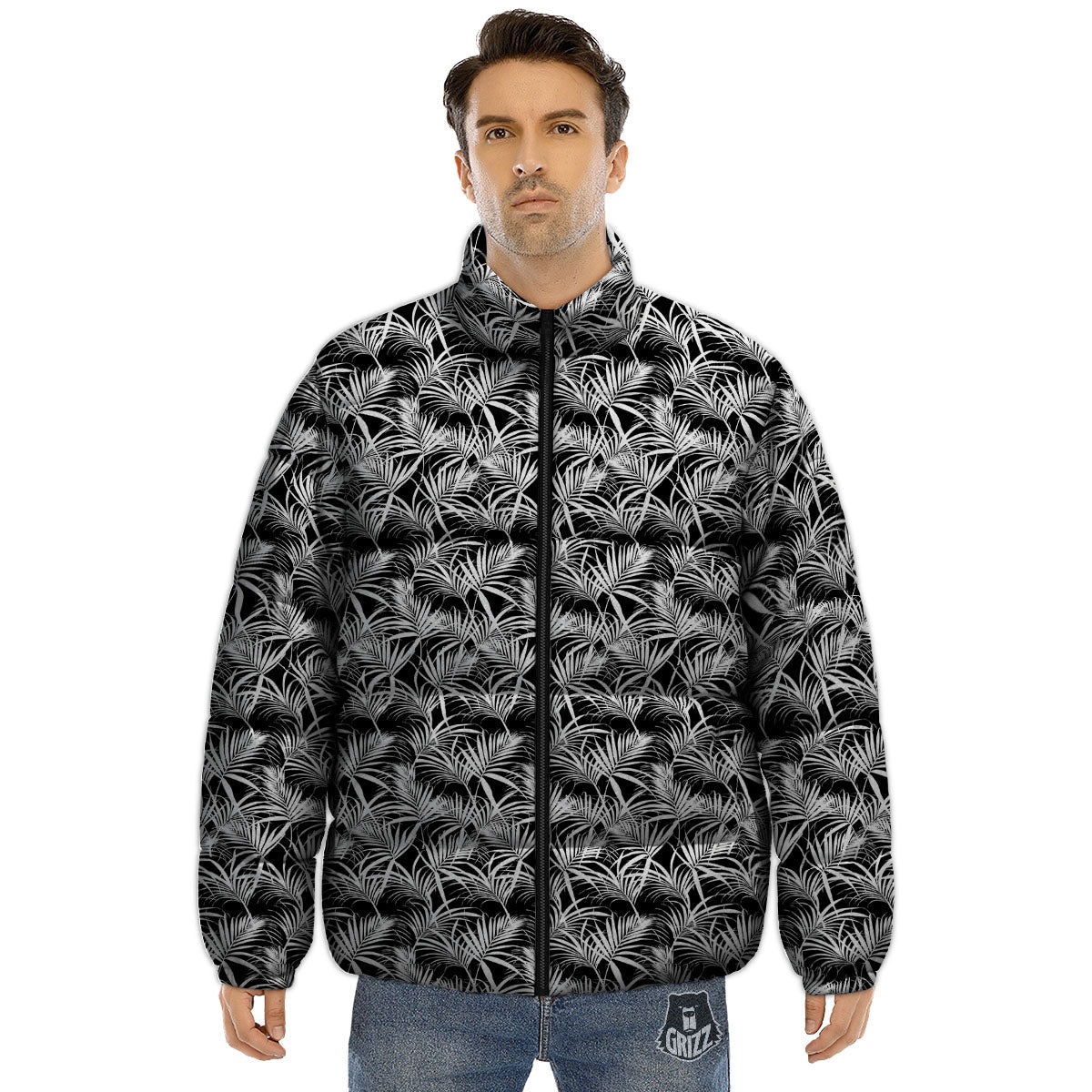 Leaf Aloha Black Palm Print Pattern Puffer Jacket-grizzshop