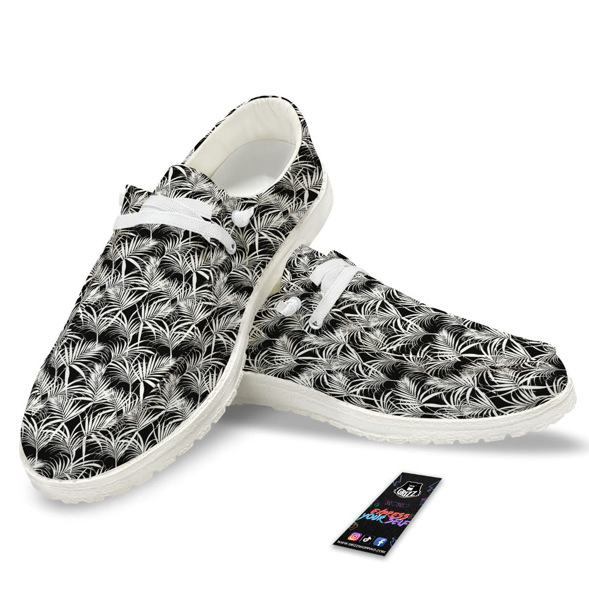 Leaf Aloha Black Palm Print Pattern White Loafers-grizzshop