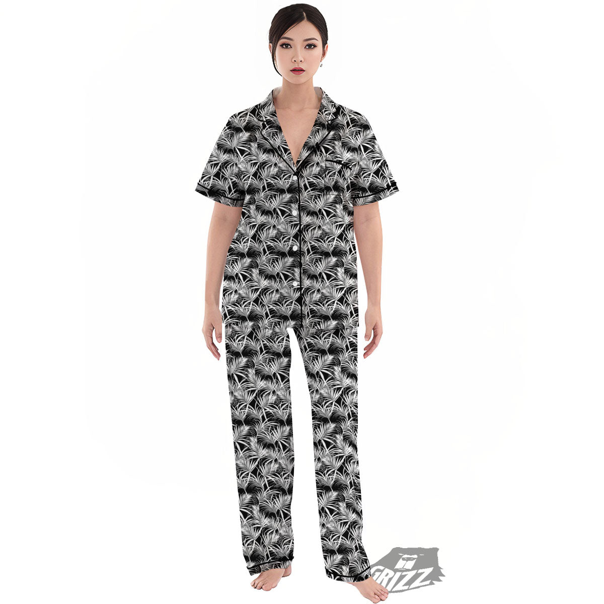 Leaf Aloha Black Palm Print Pattern Women's Pajamas Set-grizzshop
