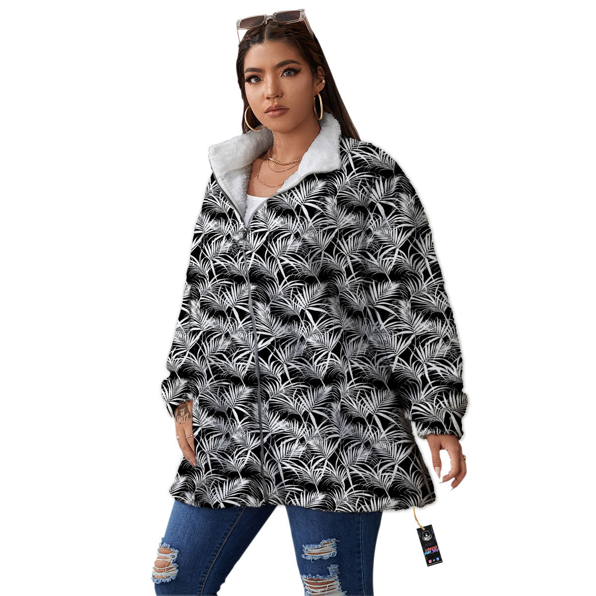 Leaf Aloha Black Palm Print Pattern Women's Sherpa Jacket-grizzshop