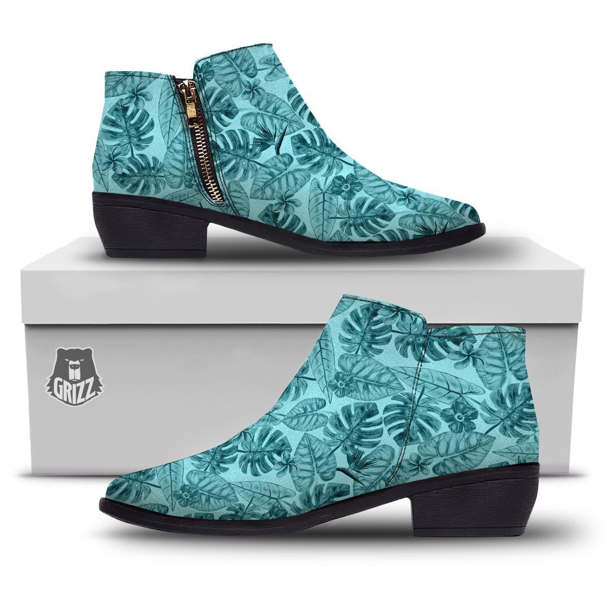 Leaf Flower Teal Hawaiian Print Pattern Ankle Boots-grizzshop