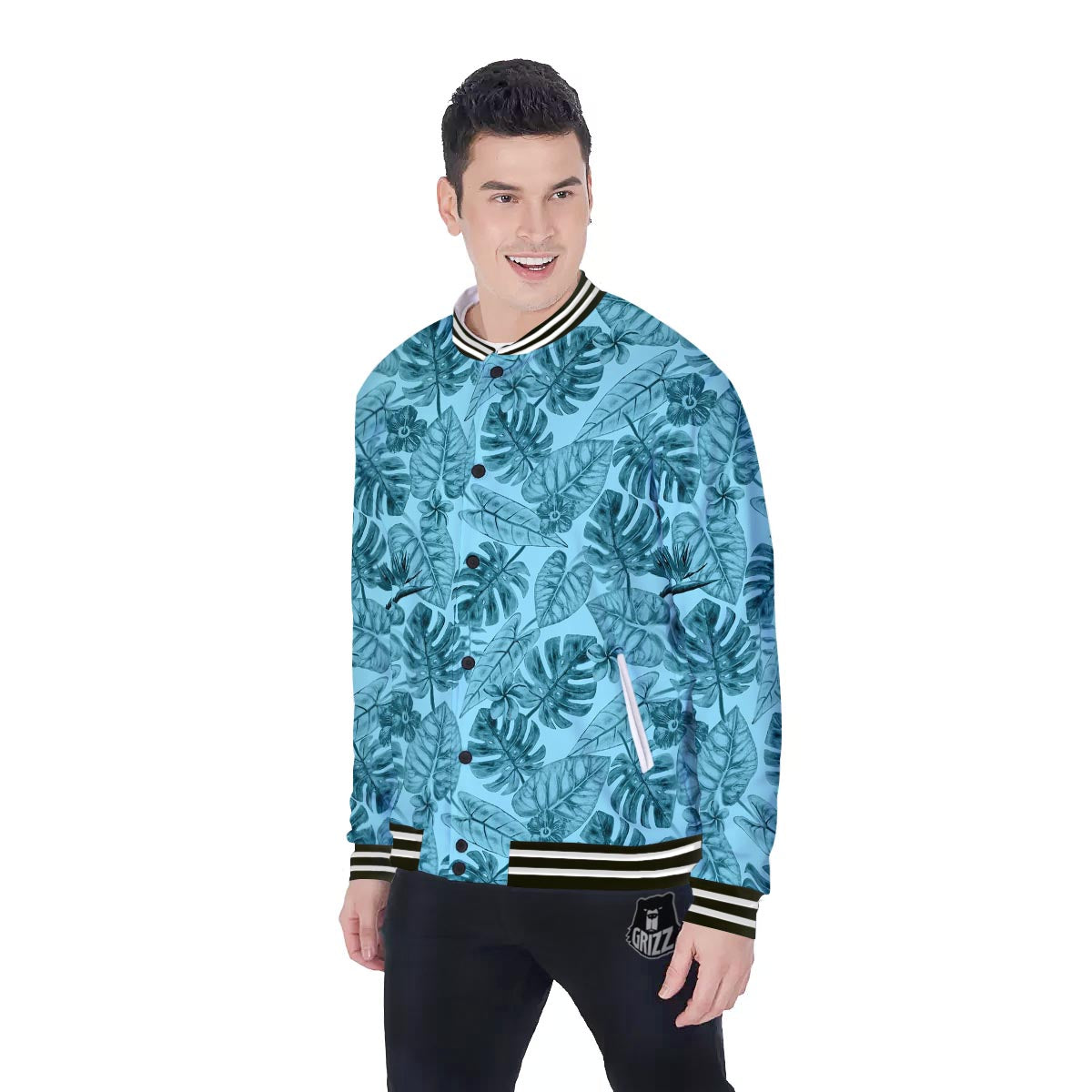 Leaf Flower Teal Hawaiian Print Pattern Baseball Jacket-grizzshop