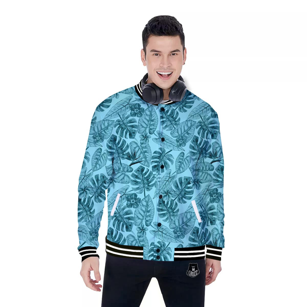 Leaf Flower Teal Hawaiian Print Pattern Baseball Jacket-grizzshop