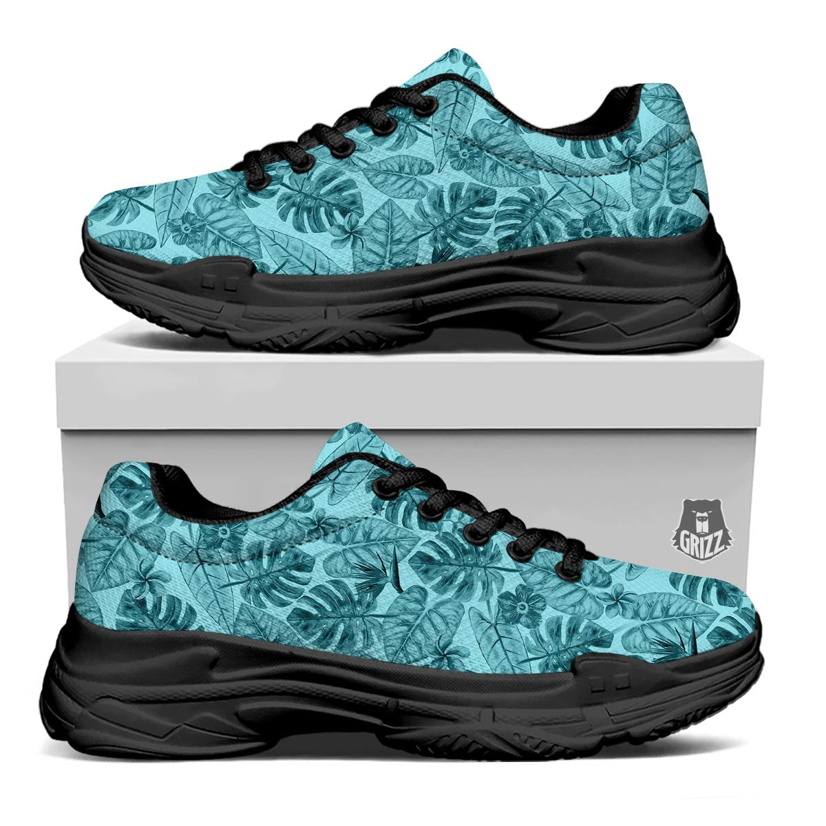 Leaf Flower Teal Hawaiian Print Pattern Black Chunky Shoes-grizzshop