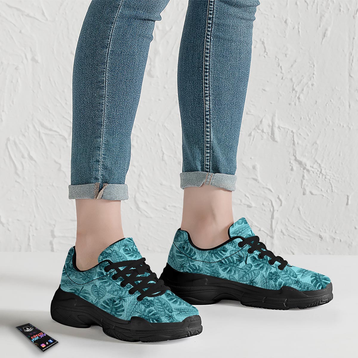 Leaf Flower Teal Hawaiian Print Pattern Black Chunky Shoes-grizzshop