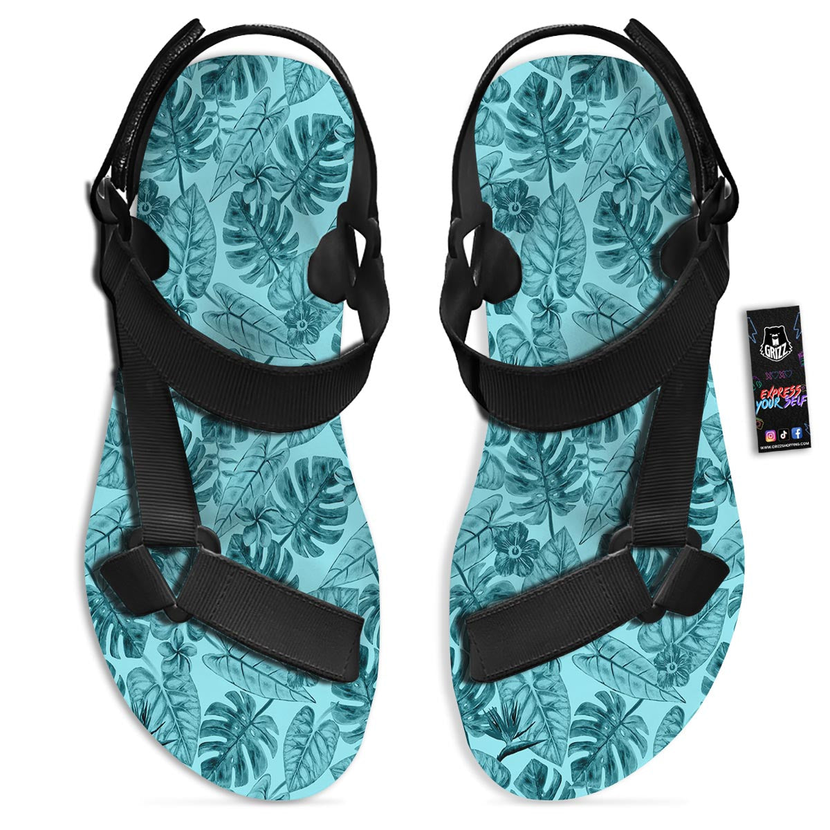 Leaf Flower Teal Hawaiian Print Pattern Black Open Toe Sandals-grizzshop