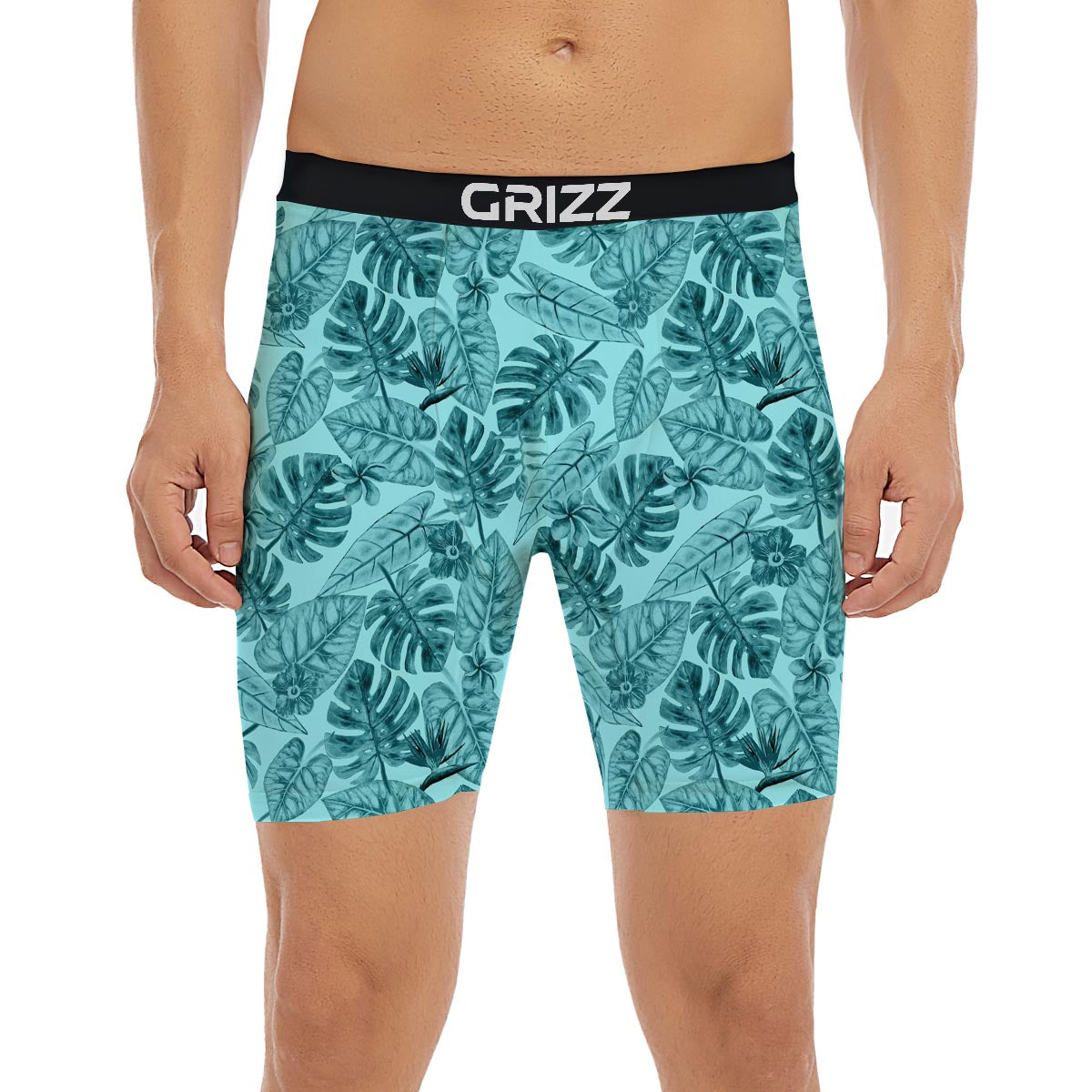 Leaf Flower Teal Hawaiian Print Pattern Boxer Briefs-grizzshop