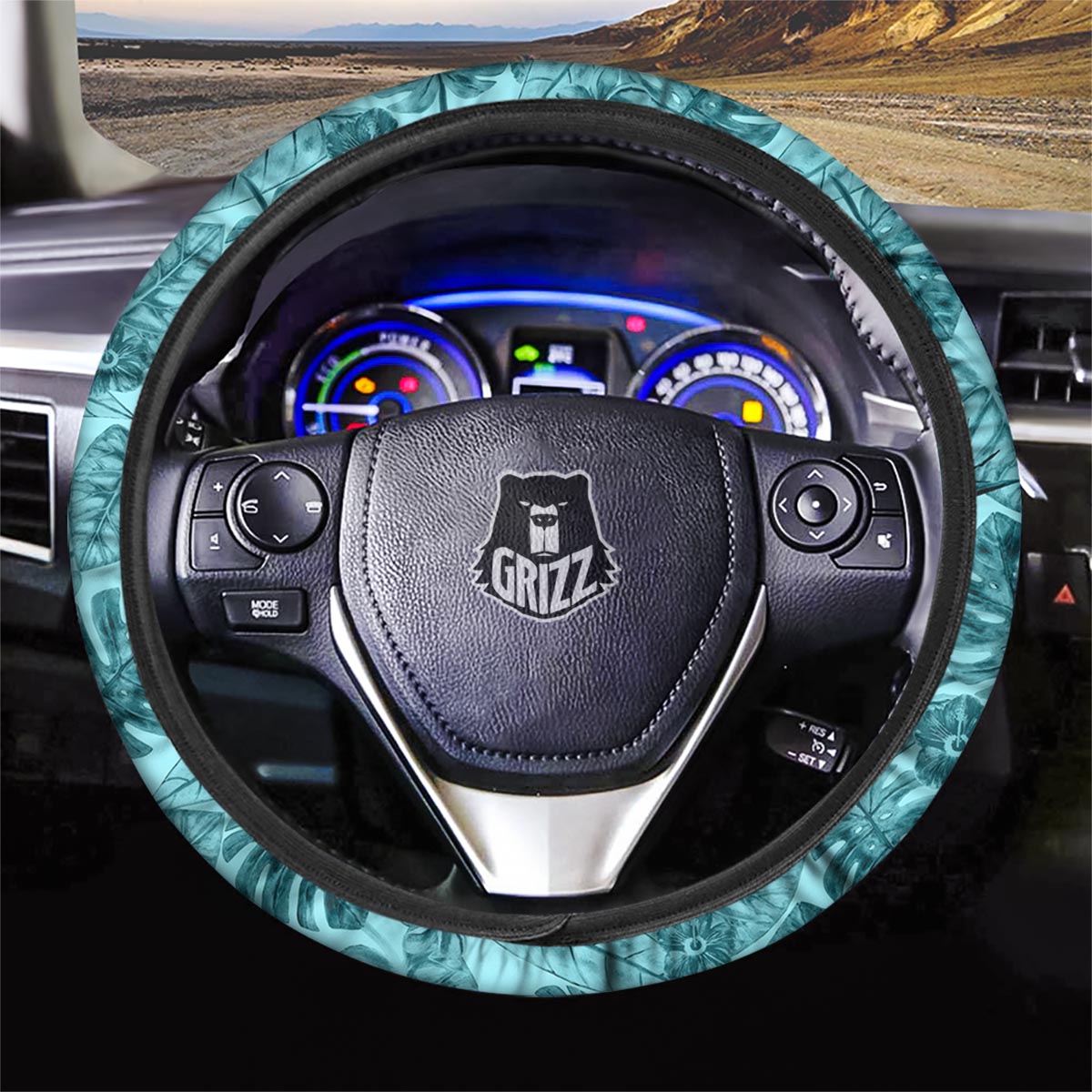 Leaf Flower Teal Hawaiian Print Pattern Car Steering Wheel Cover-grizzshop
